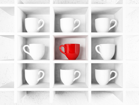 many white cups and a red cup on the shelf, 3d renderingの写真素材