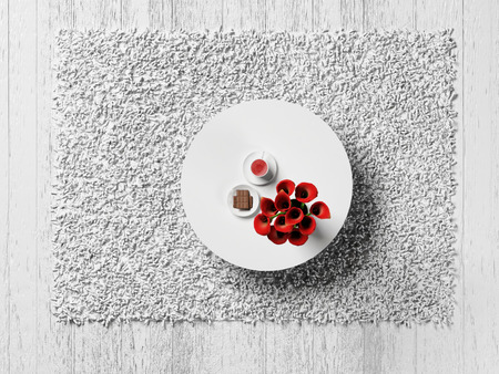 red flowers and a cup on the table, 3d renderingの写真素材