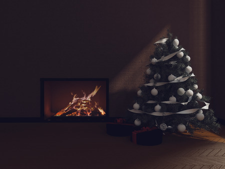 Christmas tree near the fireplace, 3d renderingの写真素材