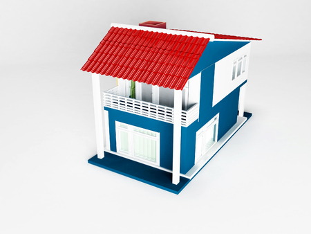 nice house in red, white, blue colors, 3d renderingの写真素材