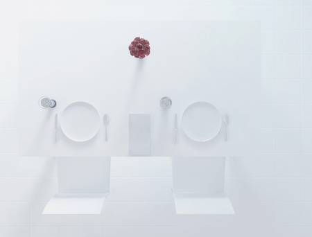top view, plates, vase and the spoons on the table, 3d renderingの写真素材