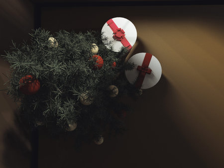 Christmas tree with gifts in the room, 3d rendering