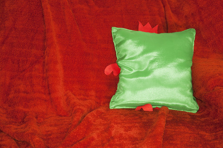 green pillow on the orange plaidの写真素材