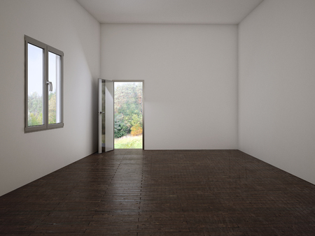 empty  room with the door and a window, 3d renderingの写真素材