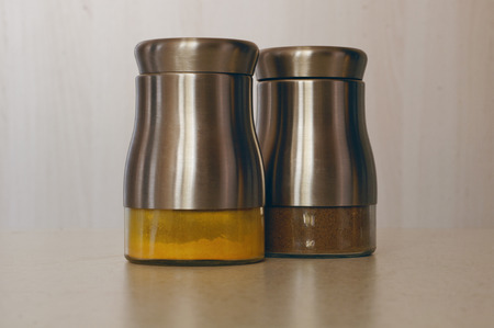 Spices in a special jar on the tableの写真素材