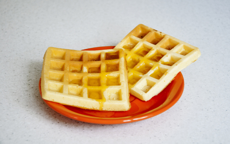 two waffles on a plate, nice breakfastの写真素材
