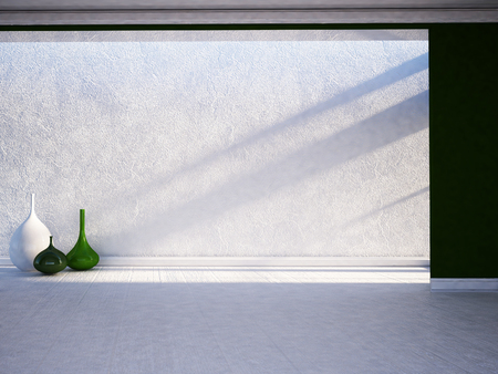 three vases on the wooden floor, 3d renderingの写真素材