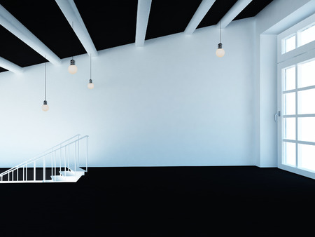 empty room, loft, stairs and  a big window, 3d renderingの写真素材
