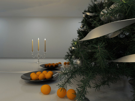 Christmas tree with the candles, tangerine in the room, 3d renderingの写真素材