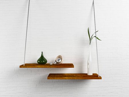wooden shelves on the wall, 3d renderingの写真素材