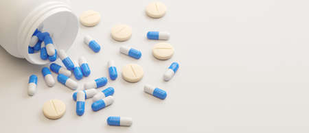 3d illustration of medicine container and pills on white backgroundの写真素材