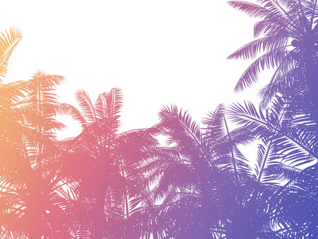 80s retro style colorful gradient tropical palms background. 3d rendered silhouette.