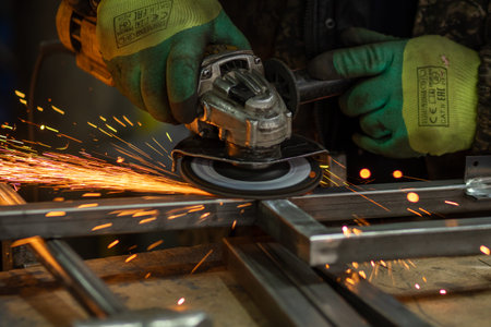 Close-Up of a Skilled Craftsman Using a Grinder to Shape Metal with Sparks Flying in a Workshop Setting