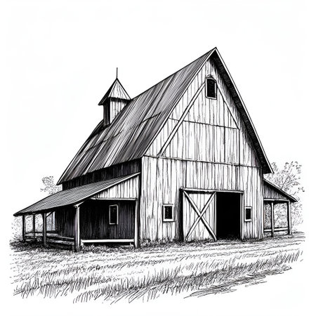 Sketch of an old wooden barn, vintage line drawing or engraving illustration.のイラスト素材