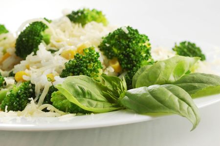 A dish of broccoli and riceの写真素材