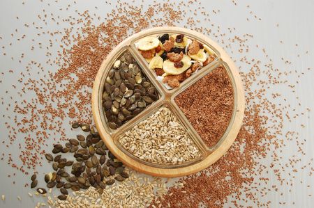 Boxes with dried food, nuts and cerealsの写真素材