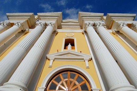 The yellow church in Huehuetenango in Guatemala.の写真素材