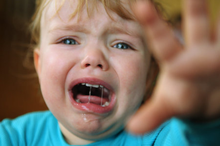 The portrait of little blonde crying boy.