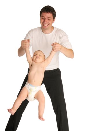 The father in white tee-shirt and little sonの写真素材