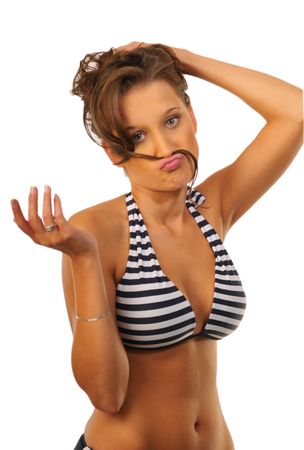 The attractive woman in stripped swimsuit on white backgroundの写真素材