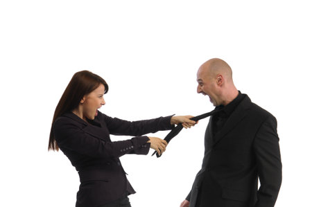 Skirmish of two colleague in dark suit on white background