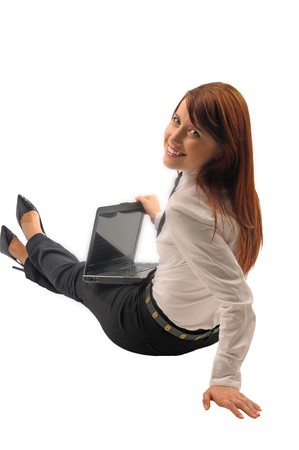 Woman seated, a manager with notebook on a white backgroundの写真素材