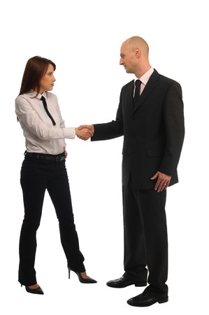 Handshake between men and women, white backgroundの写真素材