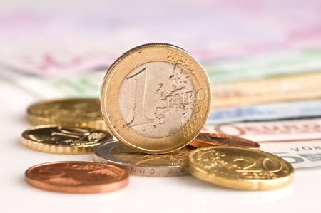 Detail of European Union currency on a deskの写真素材
