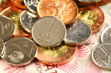 Czech bills and coins of amount one, two, ten, fiftyの写真素材