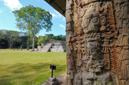 One of the temples in the Copan Ruinas and Stela H in the front