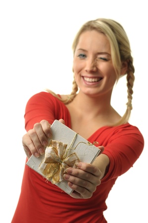 Picture of young woman holding presentの写真素材