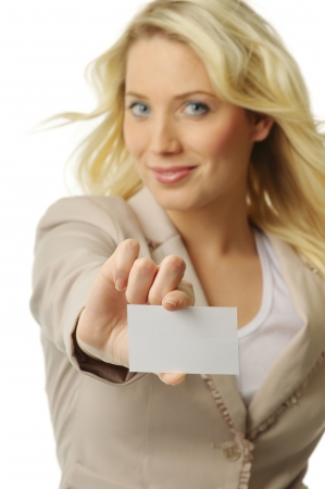 blond woman with bussines cardの写真素材