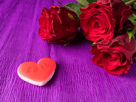 Red roses and red heart on purple backgroundの写真素材