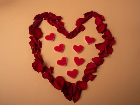 Many red petals from roses lie in the shape of a large red heart and in the center there are seven hearts on an orange backgroundの写真素材