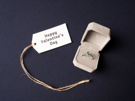 White box in which there is a ring with a blue stone and next to it lies a white note in which the inscription on a blue backgroundの写真素材