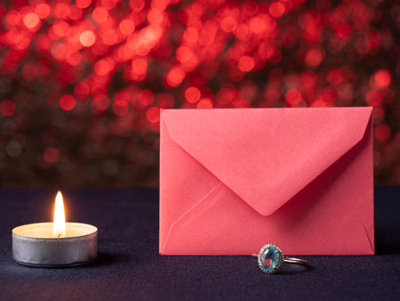 A white candle that burns and next to it stands a pink card in front of which a ring with a blue...