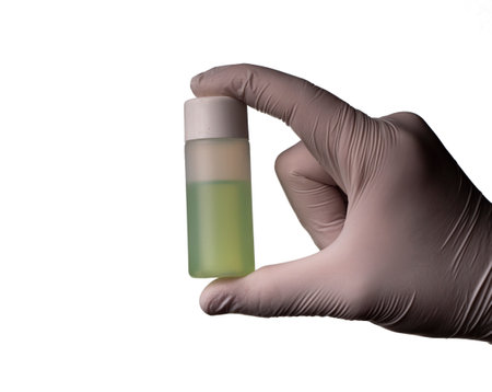 A doctor in medical gloves holds a plastic bottle of green liquid. Hand and plastic bottle isolated on white backgroundの写真素材
