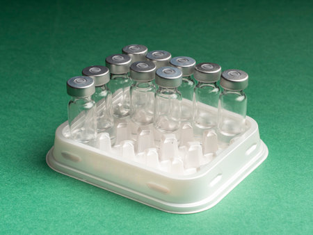Glass vials in which the vaccine liquid is in the tray of the automatic liquid dispenser. Glass vials are on a green backgroundの写真素材