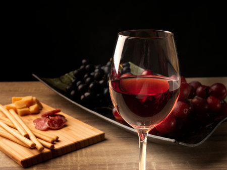 Red wine in a wine glass, and in the background sliced ââsalami, cheese, Italian grissini and two types of grapes on a tray. Wine glass in focusの写真素材
