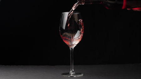 Pouring red wine from a bottle into a wine glass. isolated on black background.の写真素材