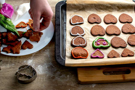 A young chef decorates the gingerbread cookies with pink icing, draws the eyes and mouthの写真素材