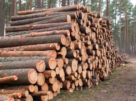 Forest fallen trees that lie in a heap, felling of trees began, concept of deforestation
