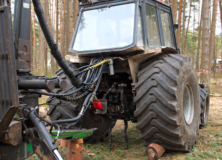 A tractor that collects felled trees stands in front, a tree cutting concept, Deforestation.の写真素材