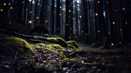 Dark Forest Scene: Luciferin-Infused Fire Bugs Sparkle, Imitating Stars.の素材