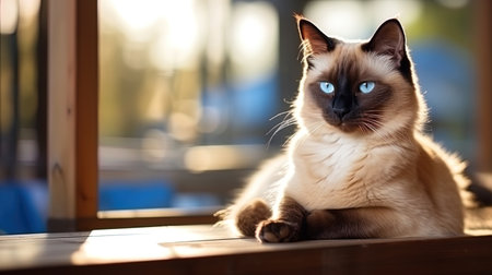 On the Windowsill, Siamese Cat Enjoys Sunset Glow, Sapphire Eyes Glinting.の素材