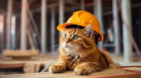 A cat with a meter ribbon, measuring the space for construction.の素材