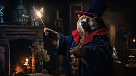 A bear in a magic cloak pronouncing spells.の素材