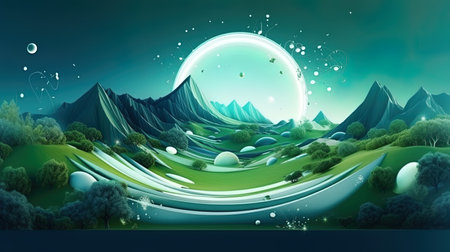 Unique Modern Landscape Crafted as Technological Elements Merge with Natural Forms in Abstract Background.の素材