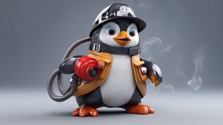 Penguin in a protective helmet, extinguishing a fire hose.の素材