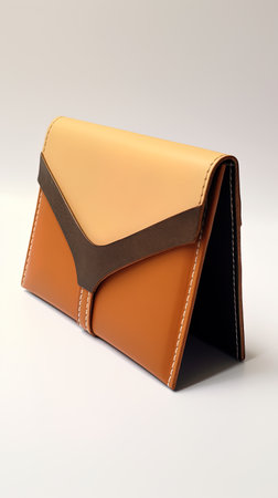 An elegant display of an open leather card holder, featuring light brown and dark amber tones.の素材